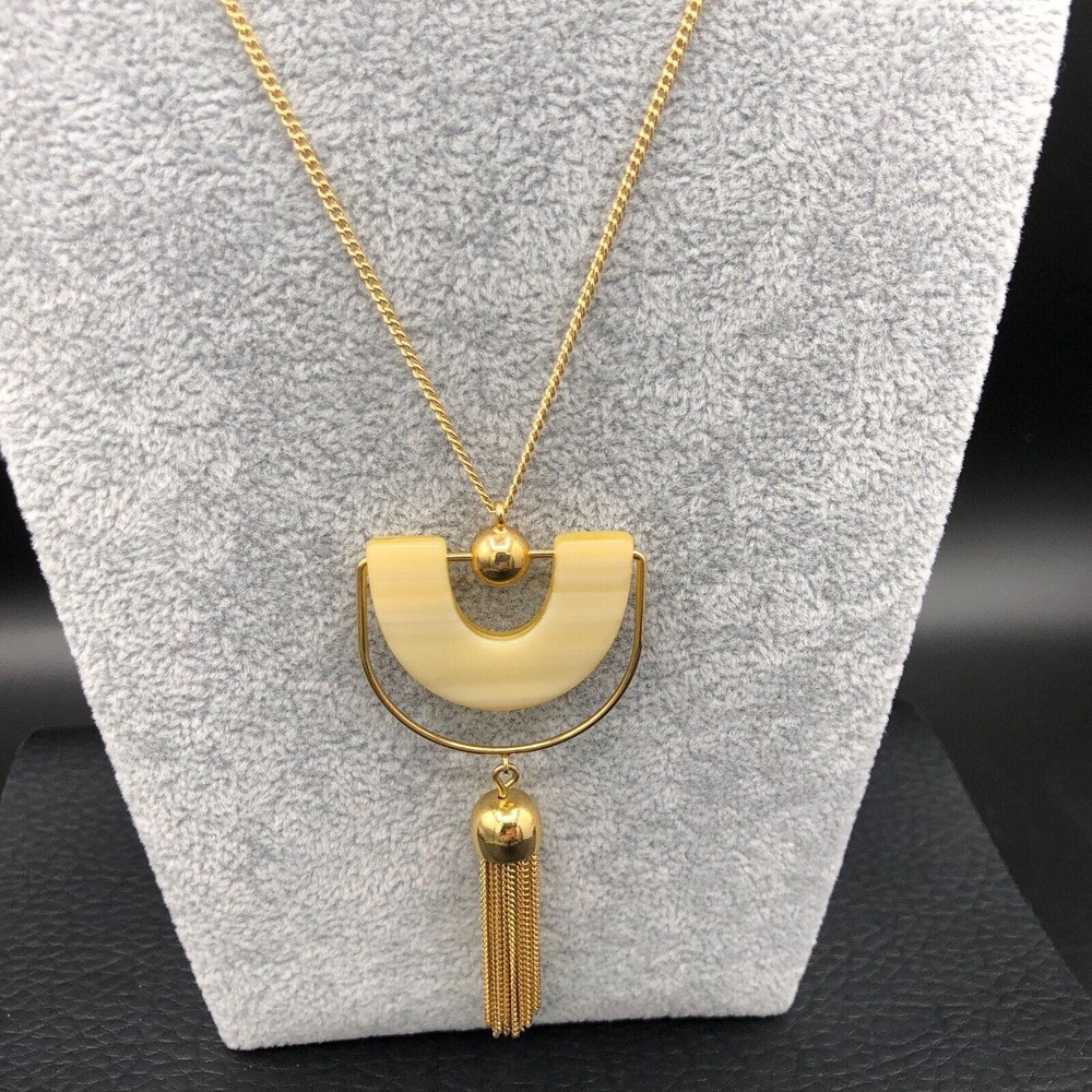 J Crew Pendant Necklace‎ Bead & Tassel Lucite Gold Tone Fringe Long Modern Chain - Picture 6 of 8